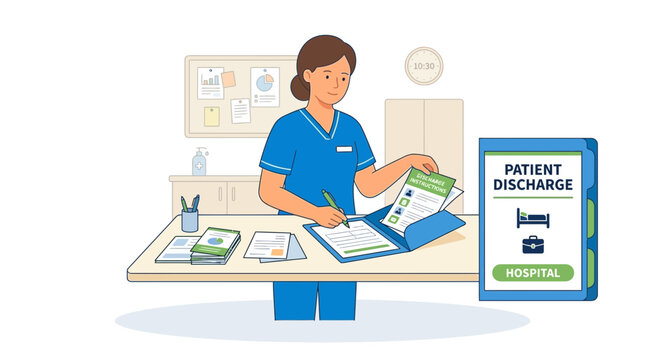 Nurse documenting patient discharge in hospital setting