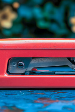 A red stapler sits atop an office desk, ready for use. vertical frame