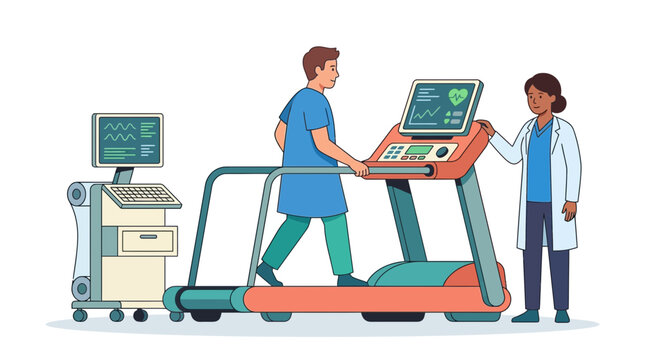 Patient undergoing treadmill stress test with doctor monitoring