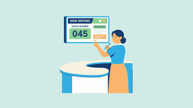 Woman at reception checking queue number on screen, customer service concept
