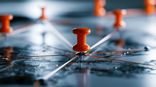 Network connection concept with orange push pins linked by strings on a dark map symbolizing communication and interconnected locations in sharp focus