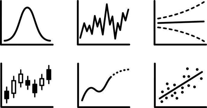 Set of six different financial and statistical charts showing various data analysis and market trends