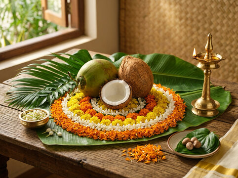 Happy Onam Festival Greeting with Traditional Kerala Pookalam and Brass Lamp
