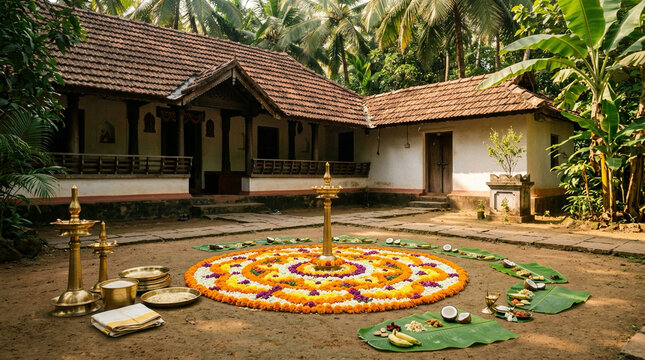 Happy Onam Festival Greeting with Traditional Kerala Pookalam and Brass Lamp