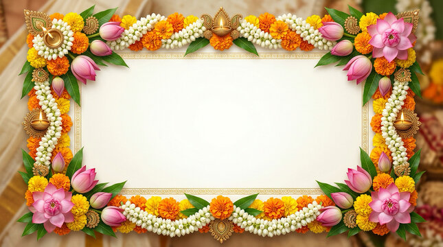 Happy Onam Festival Greeting with Traditional Kerala Pookalam and Brass Lamp