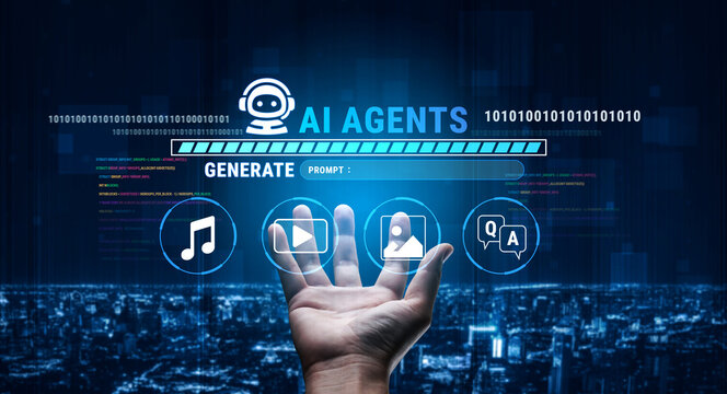 Innovative AI Technology with Hands Holding Icons for Music, Video, Image and Inquiry Generation Against a Futuristic City Background Fluxor.