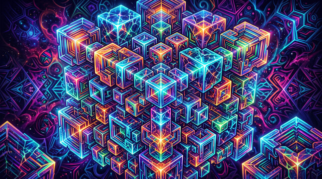Vibrant digital abstract background of glowing geometric cubes forming a complex network against a dark cosmic backdrop with neon light trails.