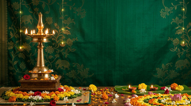 Happy Onam Festival Greeting with Traditional Kerala Pookalam and Brass Lamp
