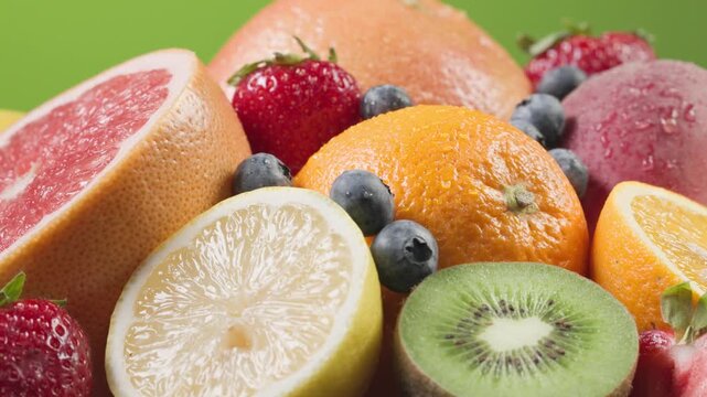 assorted fresh colorful fruits and berries rotating in a vibrant composition. Juicy peach, orange, strawberries, blueberries, kiwi, and grapes