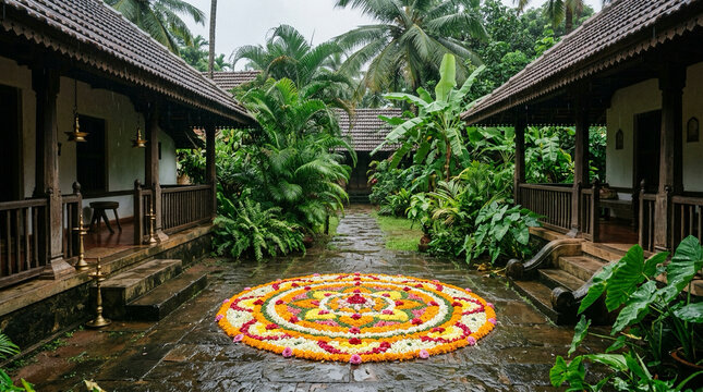Happy Onam Festival Greeting with Traditional Kerala Pookalam and Brass Lamp