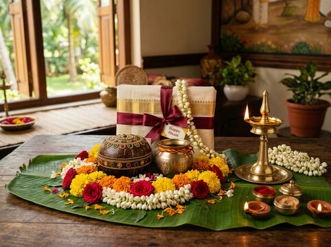 Happy Onam Festival Greeting with Traditional Kerala Pookalam and Brass Lamp