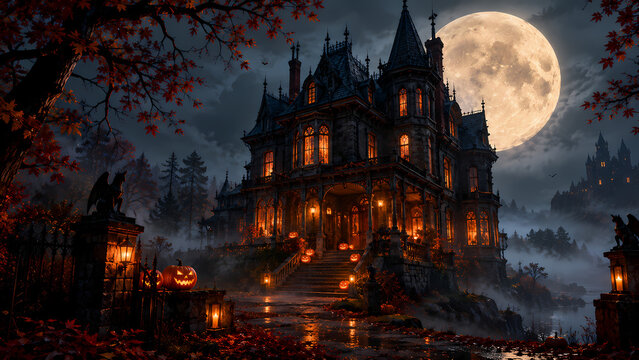Spooky Haunted Victorian Mansion with Glowing Jack-o'-Lanterns Under a Full Moon on Halloween Night