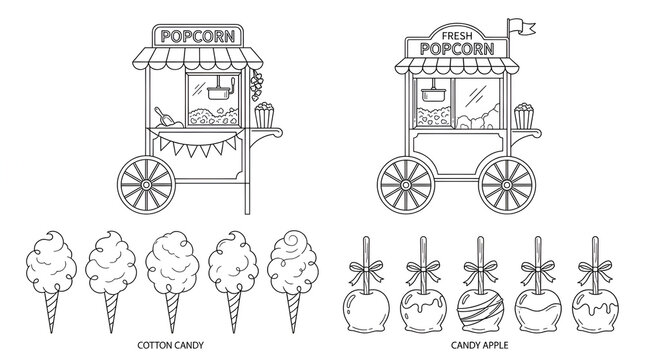 Minimalist Carnival Snack Line Art Set Featuring Popcorn Carts and Cotton Candy Cones
