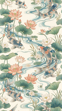 Luxury seamless Japanese nihonga watercolor pattern with koi fish and lotus ponds
