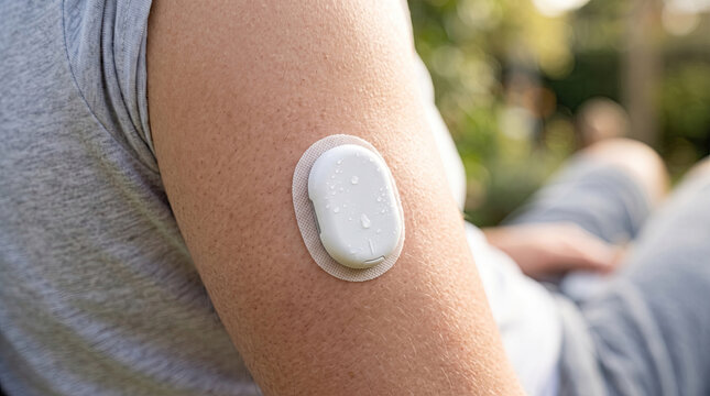 Close up of wearable biosensor patch on person arm outdoors