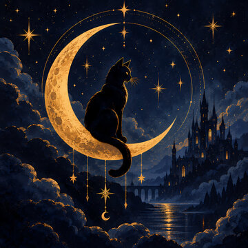 Mystical Black Cat Sitting on a Golden Crescent Moon over a Gothic Fantasy Castle at Night with Stars and Clouds