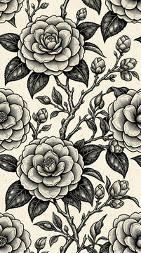 Luxury seamless Japanese woodblock botanical pattern with detailed camellia blossoms and buds