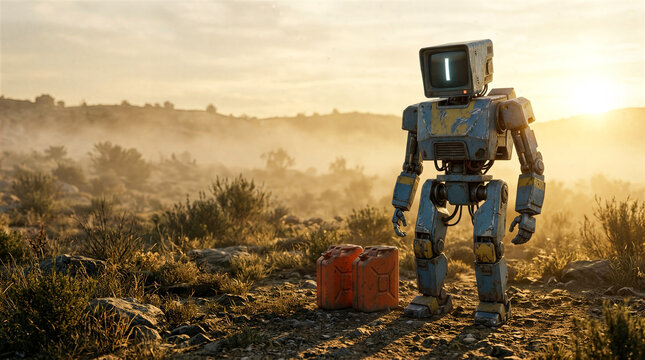 Rusty robot with fuel cans in desert sunset