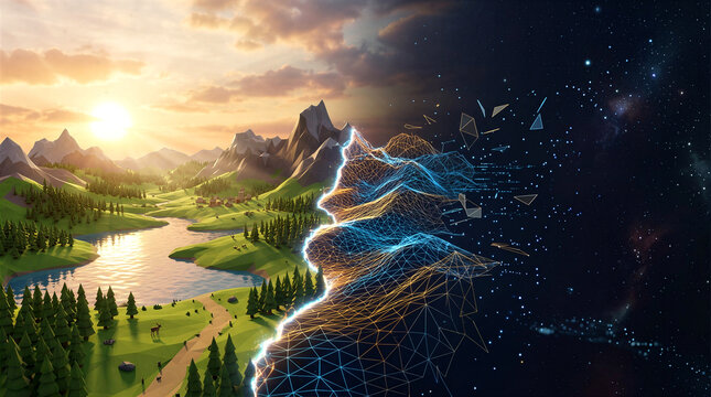 3D render of nature landscape merging into digital space