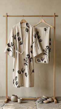 Luxury editorial fashion mockup featuring a Japanese sumi-e poppy pattern on linen