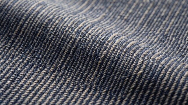 Close-up view of dark blue denim fabric with visible white vertical pinstripes and diagonal weave texture, showing soft folds and shallow depth of field in a textile background