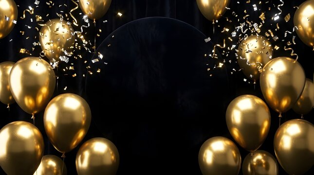 Golden balloons with falling confetti on black background. Luxury party celebration frame. Festive anniversary and birthday event backdrop.