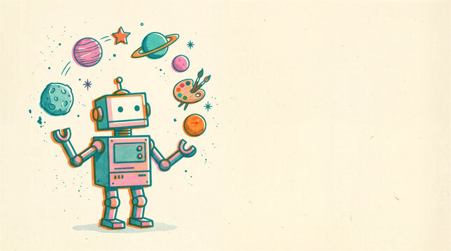 Robot juggling planets and art supplies