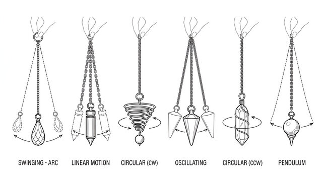 Set of Minimalist Black Line Art Dowsing Pendulums on White Background