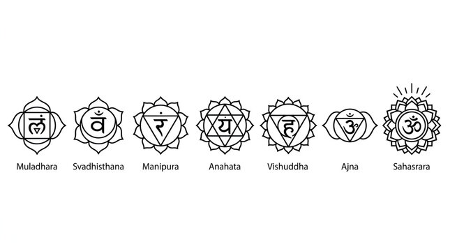 Seven Chakra Symbols Line Art Vector Icons Collection on White Background
