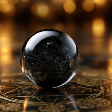 Mystical black crystal orb resting on a detailed golden magical circle with glowing amber bokeh background creating an enchanting atmosphere