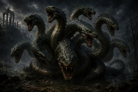 Lernaean Hydra Multi Headed Serpent Monster in Dark Greek Mythology