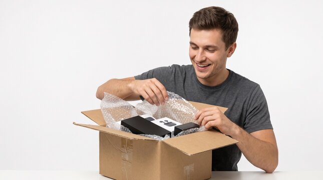 Man happily unboxing new electronics from a cardboard package