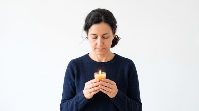 Woman holding a lit candle with her eyes closed in contemplation