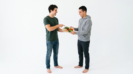 Fototapeta premium Two men sharing a healthy meal of chicken and vegetables on a white background