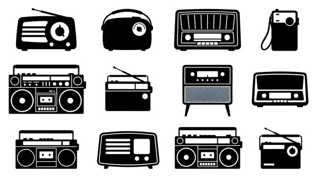 Grid Set of Vintage Radio Silhouettes on White Background