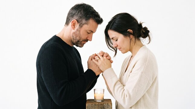 Couple holding hands and praying together with a candle lit in front of them