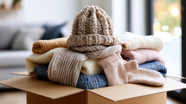 Warm knitted winter clothes including hats, scarves, and mittens packed neatly in a cardboard box ready for storage or donation on a soft blurred background