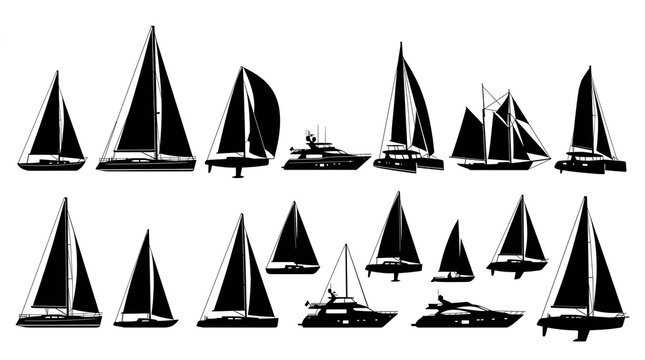 Collection of Black Silhouettes of Sailboats Yachts and Catamarans on White Background