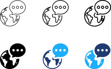Obraz premium Global Chat Vector Set Featuring Earth Globe And Speech Bubble Icons Symbolizing Worldwide Communication