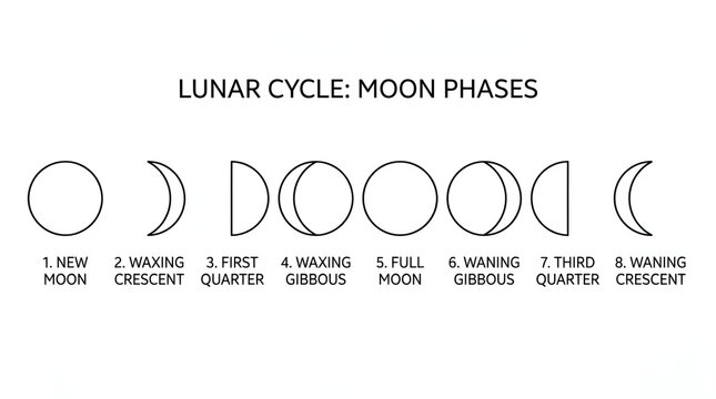 Lunar Cycle Moon Phases Clean Line Art Set on White Background