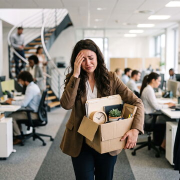 Devastated Employee Crying While Carrying Box After Being Fired