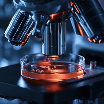 Scientific laboratory microscope examining a petri dish with glowing orange liquid for advanced medical research and biological analysis