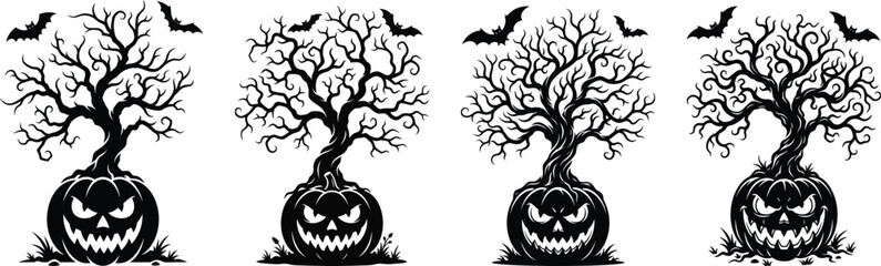 Fototapeta premium Halloween Tree - Spooky Halloween Pumpkin with Dead Tree and Flying Bats Black Silhouette Vector