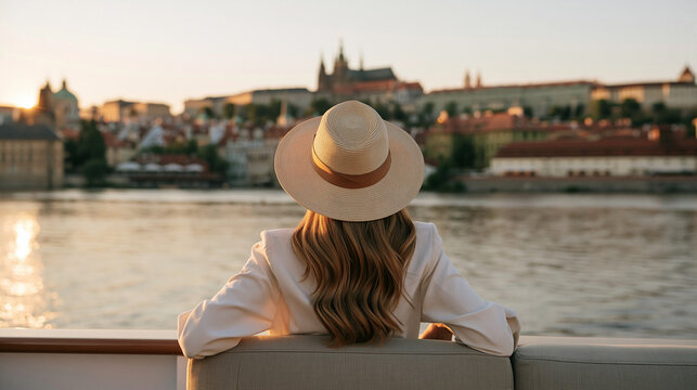 Young female traveler enjoying a sunset river cruise with a famous European skyline and tower in the distance, peaceful vacation atmosphere, city tourism, romantic travel,