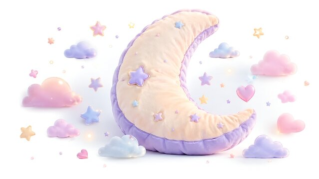 Soft cream crescent moon pillow surrounded by pastel clouds and small hanging stars

