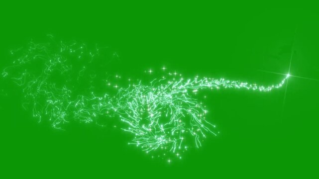 Glowing cyan dust trail, sparkling fairy particles, shimmering magic lights, luxury fantasy glitter effect, twinkling stars and bokeh, elegant green background motion graphic. 4k animation