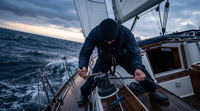 Sailor actively working on a sailboat deck during a cloudy day at sea