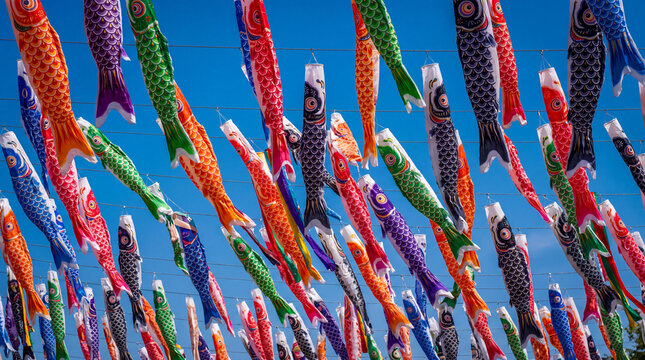 A vibrant display of traditional Japanese Koinobori carp streamers fluttering in the wind against a bright, clear blue sky during Children's Day celebration.