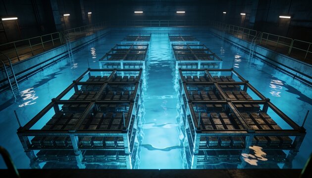Spent fuel storage pool from above with deep still water glowing luminous blue from within, geometric grid of submerged racks, dark surrounding hall, cinematic photorealism, reflections