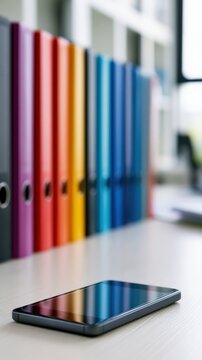 Modern smartphone resting on a desk with a colorful array of organized vertical binders in an office setting creating a vibrant and professional atmosphere